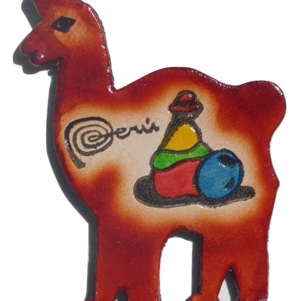 Cuzco Peru leather llama magnet  handpainted